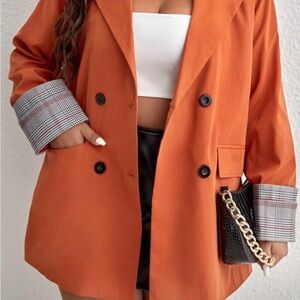 SHEIN Burnt Orange Blazer with Plaid Cuffs